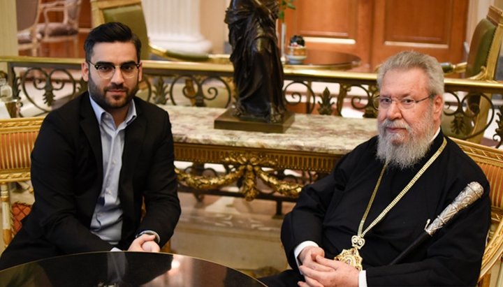 Archbishop Chrysostomos II of Cyprus with editor-in-chief of the Greek news agency Romfea.gr Emilios Polygenis. Photo: Romfea.gr