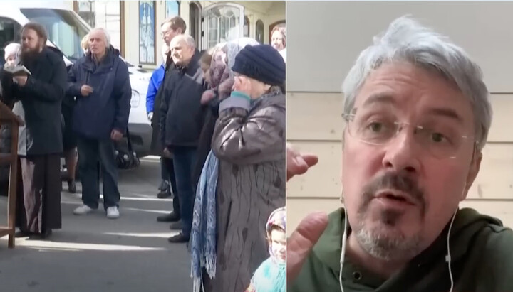 UOC believers at prayer (left), Oleksandr Tkachenko (right). Photo: a screenshot of the YouTube channel