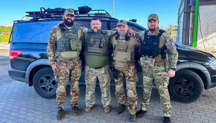 Fr Alexy Hodun (far left), rector of the Intercession Church of the UOC in Bortnychi, with other military priests of the UOC. Photo: Telegram-channel