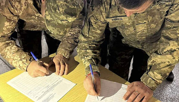 Military men putting signatures for the