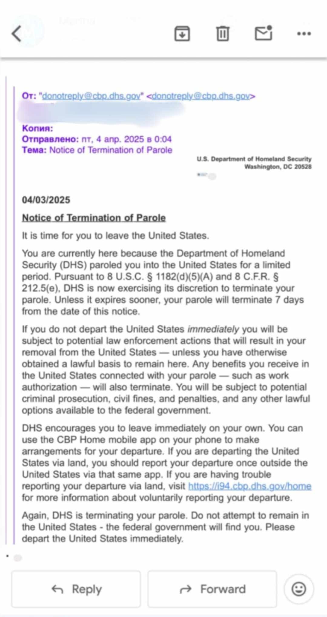 email received by a Ukrainian citizen who fled government persecution. Some information has been redacted to protect their identity.